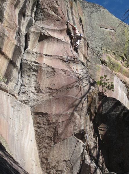 David on an early ascent of Red Dream. Up the 9 is the crack to his left with the two bolts in the start. 