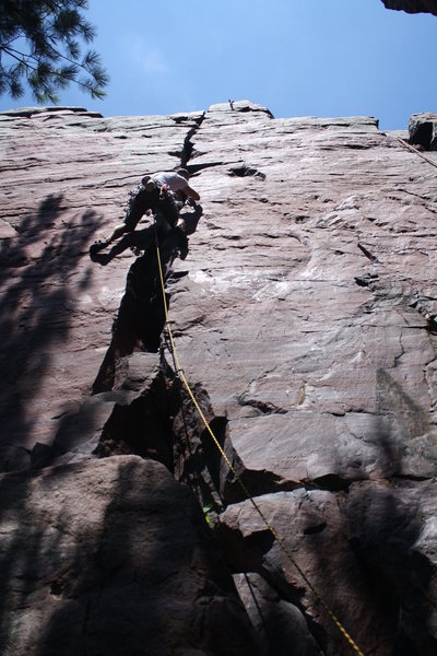 Birch tree crack, 5.8 trad<br>
Devils lake, WI