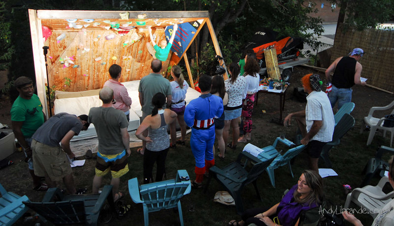 Overhead view of the backyard. Advantage of having an outdoor climbing wall is that you can have a lot of people climbing on it at once. This is from our 2nd Annual Bouldering Competition. <br>
<br>
http://andylibrande.com/news/2011/10/2011-backyard-bouldering-comp-recap/