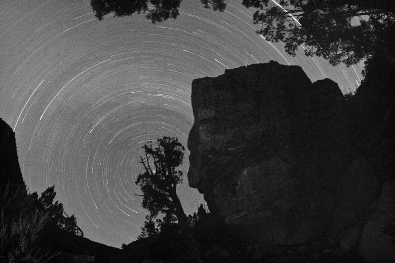 © Jason Kaplan. More star trails, no climber this time.... Scary shot to produce alone in cat territory with old [elk] remains in the vicinity. Walked up from my car and back probably 5 -10 times alone in the dark.