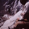 Dave Smith following pitch 2 with limited pro.  Early ascent - probably '75
<br>

<br>
Knickers!