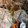 Dubious thread belay at the end of the 3rd pitch of Albahida