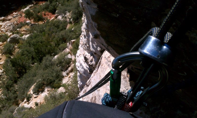 rappelling down the last pitch