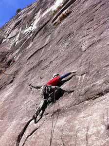 Scott reaching for the flake with the pin, pitch 2, Whippin' Boy, Whitesides, NC.