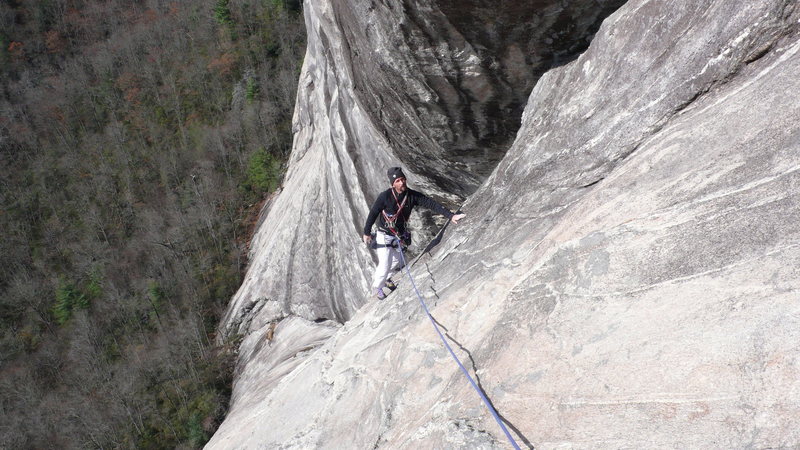 Paul in the traverse to the anchors at the top of the 4th pitch as we did it. 