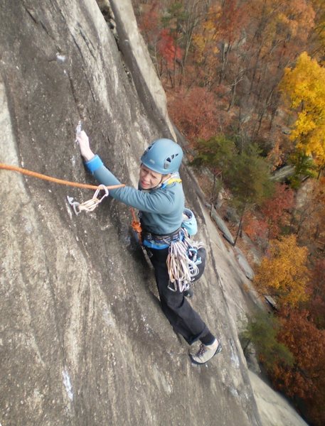 Mary's look of terror when she sees the 5.9 friction traverse to get to the anchor.