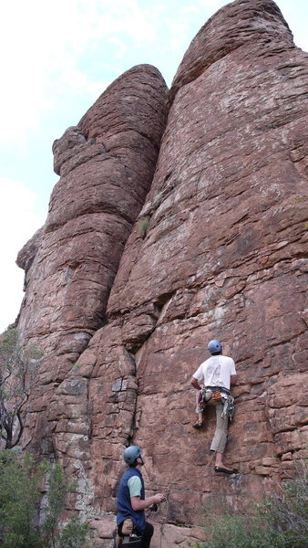 Jeff and Roman on an early ascent of L.S.D. Spice ascends the buttress to the left.