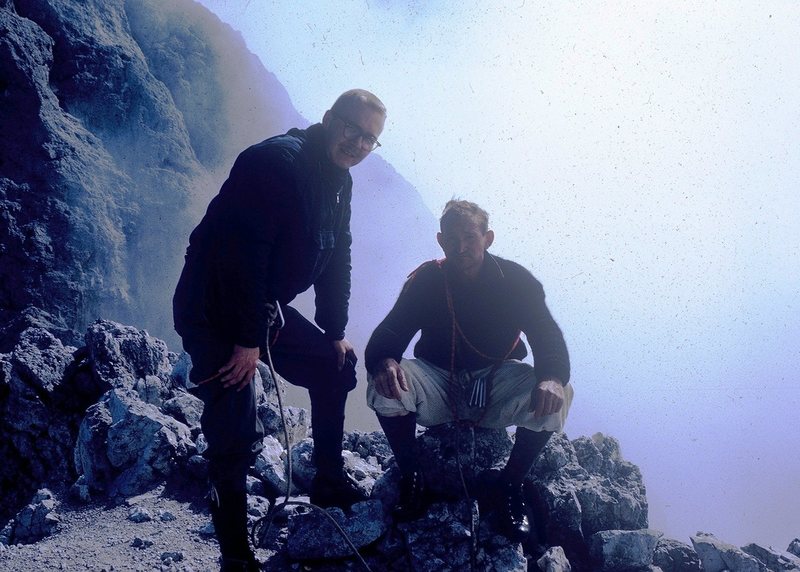 Rodger Raubach (L) and Giacomo Scalet (R) on summit of Scarf Arete, Cima della Madonna, 1963.