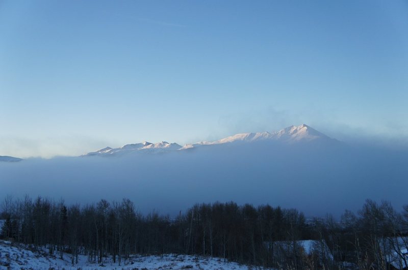 Tenmile Range at sunrise, steamy from  Lake Dillon.