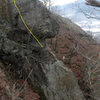 This shows the west facing side of the cliff and a lower buttress (is there anything down there? the yellow line roughly shows a bolt line, but what is it?