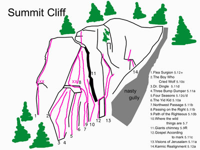 Finally got inspired to add a map of the Summit Cliff. I only put in the routes that have names in the guide book. There are many mystery bolt lines and projects including a few upper pitches and 2 lines to the right of Karmic Realignment that are unfinished and or unclimbed.