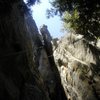 A good view of the whole route, with Jesse Traugott on a double-rope toprope just below the flake.