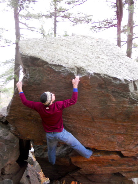 Garrett hitting the slopey crimp. Interesting toe-cam beta as well. 11/25/11  Photo: Skyler F.