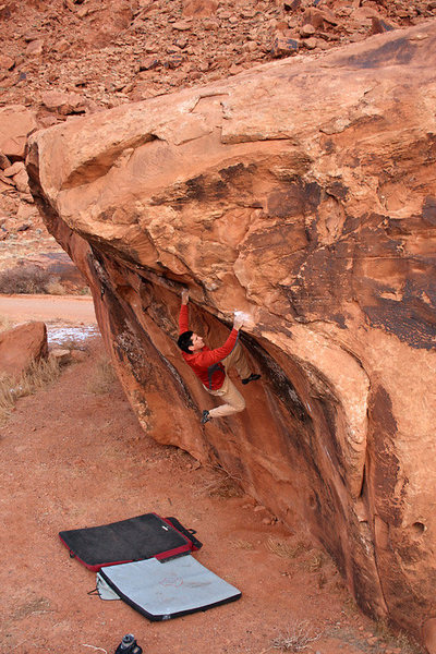 Road opposite of Potash (other side of river) bouldering. This problem showed signs of climbing activity previous to us. Miramontes Photography