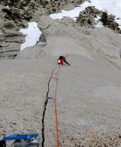 RS following the beautiful P6 10c splitter on the Beckey Route, Bastille Buttress. Photo: E. Harz