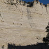 Jonathan on pitch two. See climber at bottom center of photo. 