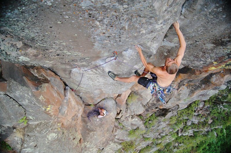 Joel Unema at the crux transition of Phantsam 5.11, during his onsight.
<br>

<br>
Wade Forrest Photo