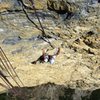 The demanding crux sequence at the end of pitch three, Trockener Regen (6b+)