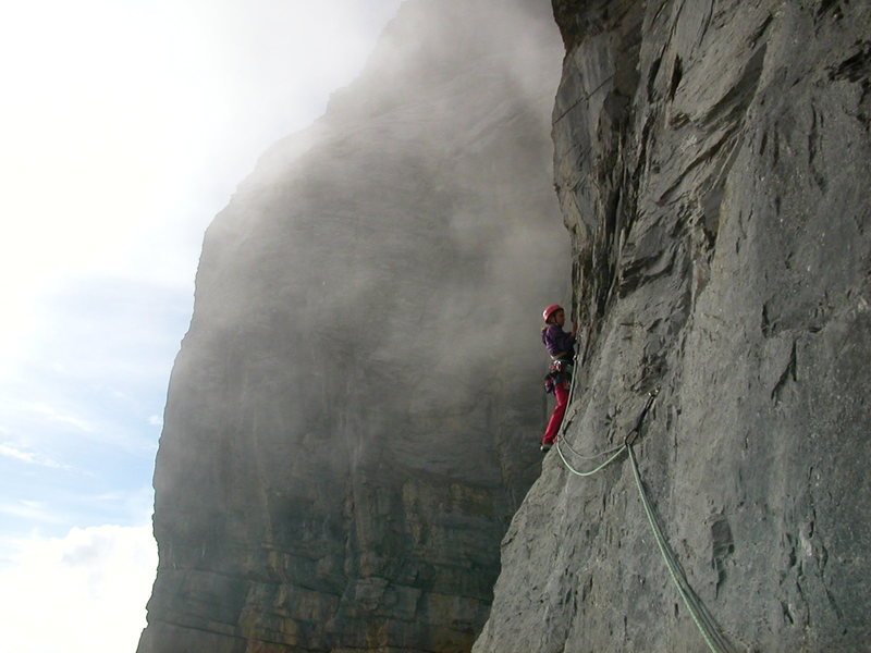 Climbing at Chli Glatten in the fog that is common for this area