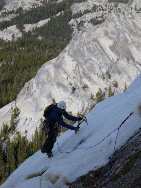 29-December-2011: Me traversing towards the rap station just right of the route's topout.  Pic by Steve Larson