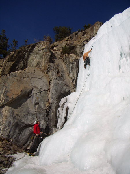 Jordon Griffler sport climbing on The Shroud.  Ten Mile Canyon.  Colorado. New Years Day 2012. Photo by Ty.