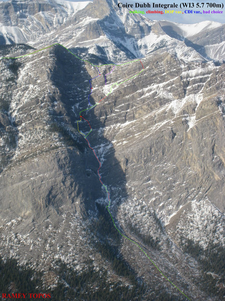 Coire Dubh Integrale topo. Green shows walking. Red and Blue show the two normal CDI route variations. Yellow is the Doors of Perception pitch that can be used to bypass parties at the 5.7 rock step. We saw a team climb the purple line and they were very unhappy about it. Red "x"s are bolts.