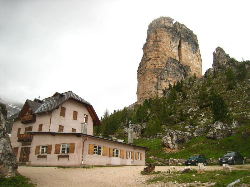 Rifugio Cinque Torri with Torre Grande looming in the back