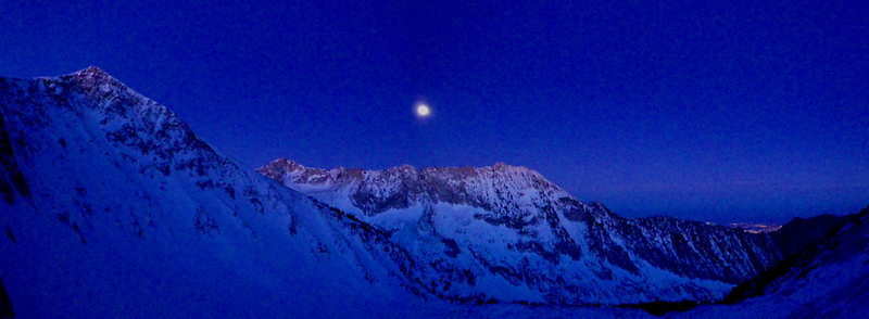 First light on the full moon setting. Photo taken from the lower crux