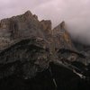 Cima Scotoni with a flag of fog on the right, Punta del Lago in the middle, and Monte Cavallo on the left