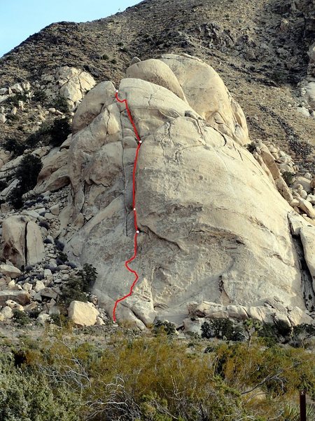 Approximate topo of our 4 pitches on Right On. Cut left at a dike after a handcrack bulge on pitch 4. The route description in the Bob Gaines new "Best Climbs" book is well, pretty much, right on.