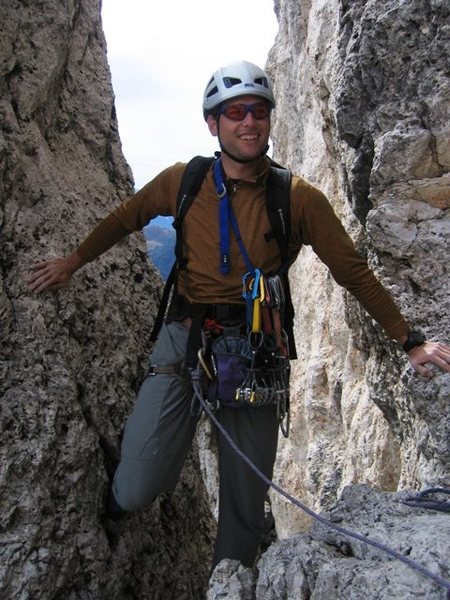 Finishing the fifth pitch of the South Rib of Sass de Stria