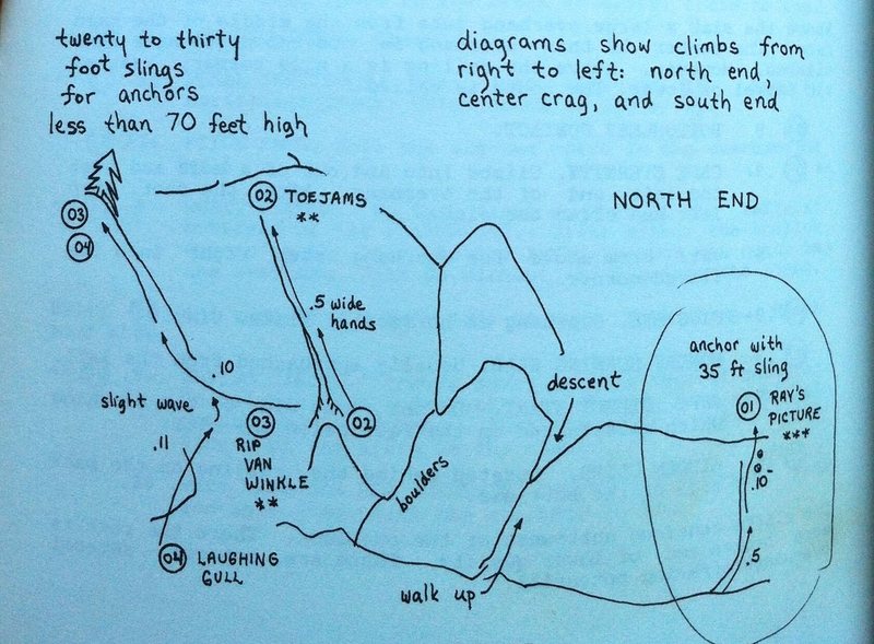 Old school Topo of the Northend of Redrock for the original edition of Boston Rocks.