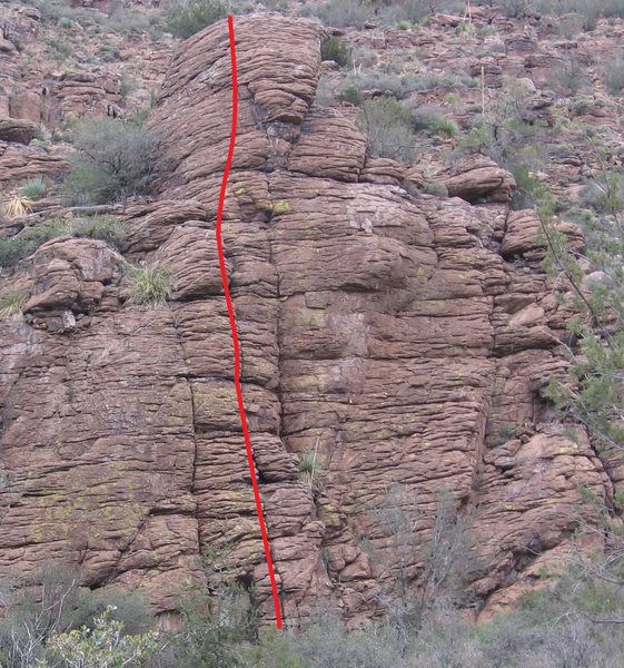 Matchstick formation, with Strike Anywhere marked in red.<br>
<br>
(Photo credit B Beasley, route marking courtesy of DA Sampson