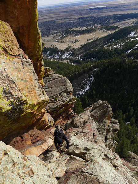 David downclimbing the 4th class ramp.