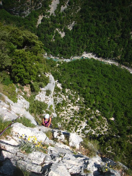 Hidden jugs and sidepulls dispersed between pockets of flowers.  We were amazed how well this climbed despite the flora.  The start can be seen down to the left on the tree-strewn Jardin de Ecureuils.