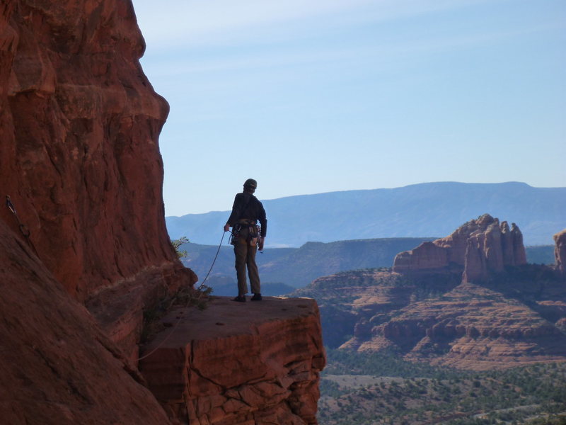 David peering around the corning on the traverse. This is where pitch 1 ends but you can combine them