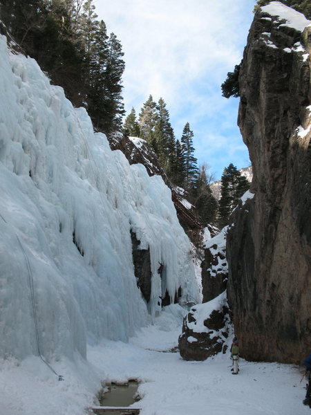 Looking downstream in the School Room. Climber is visible on School Room Pillar.