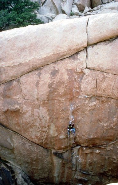 Kurt Smith on the first lead of Bikini Whale (5.12b), Joshua Tree NP<br>
<br>
Photo - K. Smith Collection