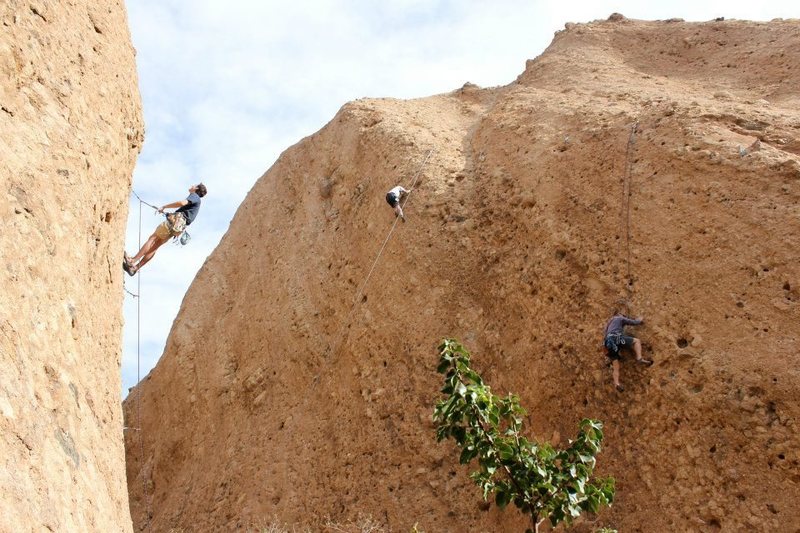 The Canyon is full of quality climbing from 5.8 to 5.11. Climbers (from left to right) on  an unnamed 5.11a, "Itsy Bitsy Spider" 5.10a, and another unnamed 5.8