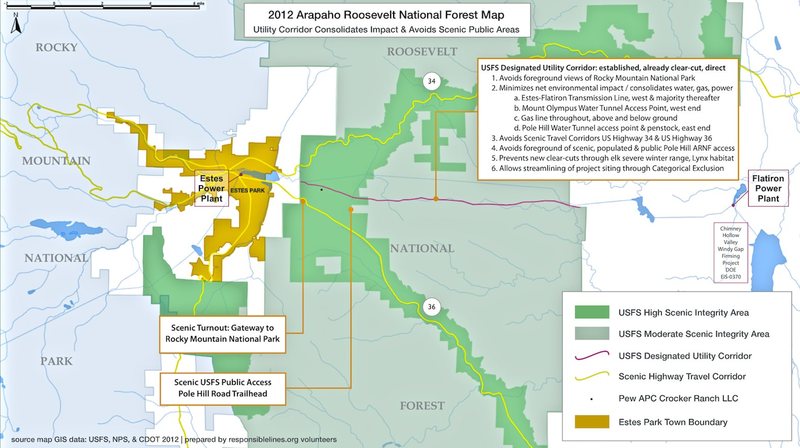 USFS Designated Utility Corridor in red.  Rather than re-build the line here, WAPA is proposing a costly and damaging re-route away from the Pew Crocker Ranch and into the Public's scenic byways and National Forest where no utility corridor exists.   We still have a little time to change the course of this damaging proposal, but the proposed construction start date is Spring 2012 (Click to Enlarge).