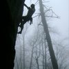 The Amphitheater<br>
<br>
On a slightly wet day, <br>
Robert Hutchins leads<br>
Stab In The Dark(5.10d)(5.8R)<br>
<br>
Moores Wall, North Carolina