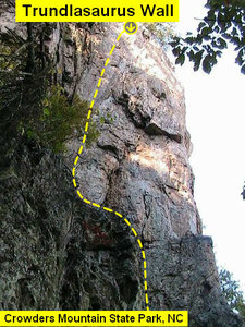 Trundlasaurus Wall<br>
<br>
Bushman (5.11) Sport<br>
(Cliff Left)<br>
<br>
Crowders Mountain State Park, North Carolina