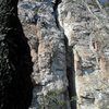 Davids Castle Wall<br>
<br>
Dave Coleman leading<br>
Electra(5.10c) sport<br>
<br>
Crowders Mountain State Park, North Carolina