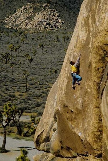 Kurt Smith on the FA of Duncecap (5.13b), Joshua Tree NP<br>
<br>
Photo - K. Smith Collection