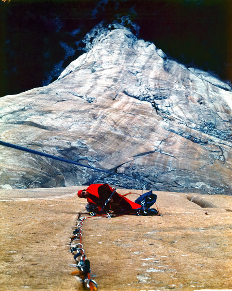 Looking down at the Bivy on the bolts between the Groove and the Triple cracks.  The Groove is visible below ond right of the Bivy. Shot is from half way up the first Triple Crack. June 1980