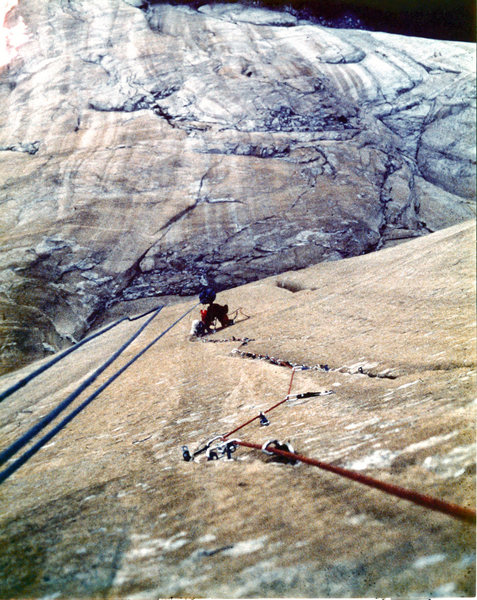 Looking down from the Belay at the top of the Triple Cracks. June 1980