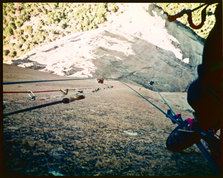 Belay from the top of the Pitch above the Triple Cracks. June 1980