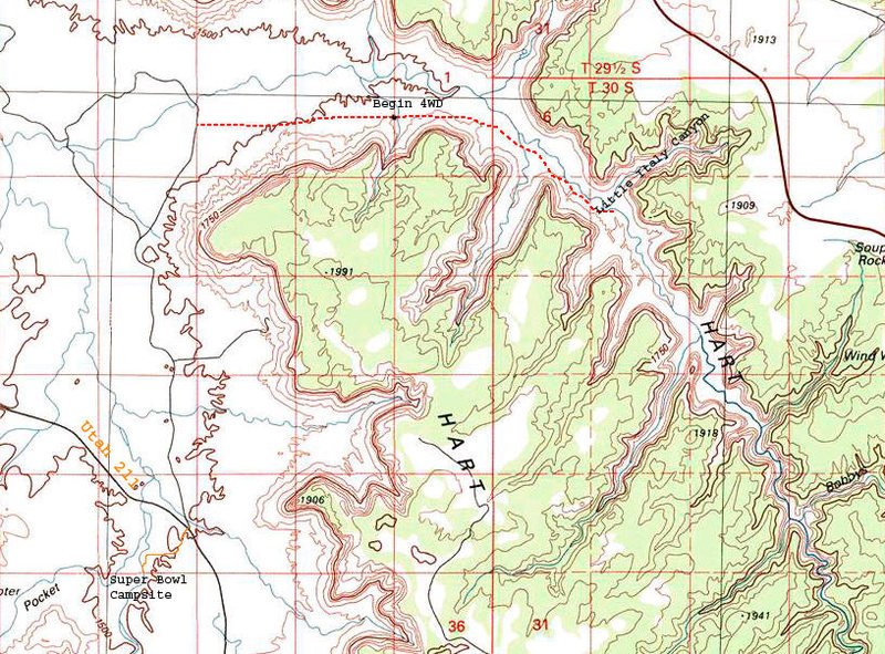 Map to central Hart Draw Parking at the end of the 2-track.