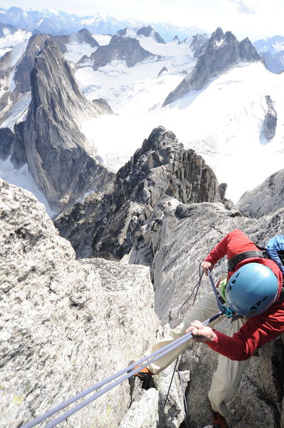 Rappelling from the summit of Bugaboo Spire.