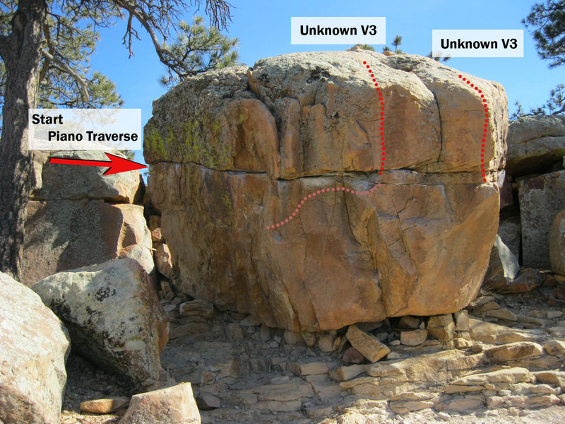 Piano Boulder: Piano Traverse (Left start method) and two "Unknown" V3 problems (approximate route). Alternate Unknown start in pink.